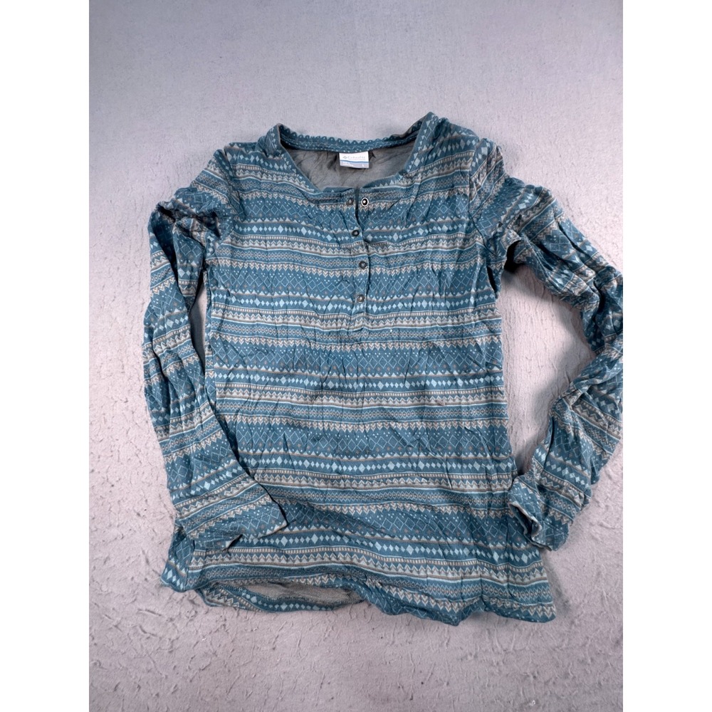 Columbia Aspen Lodge Jacquard Top Womens Large Blue Aztec Print Henley Snap